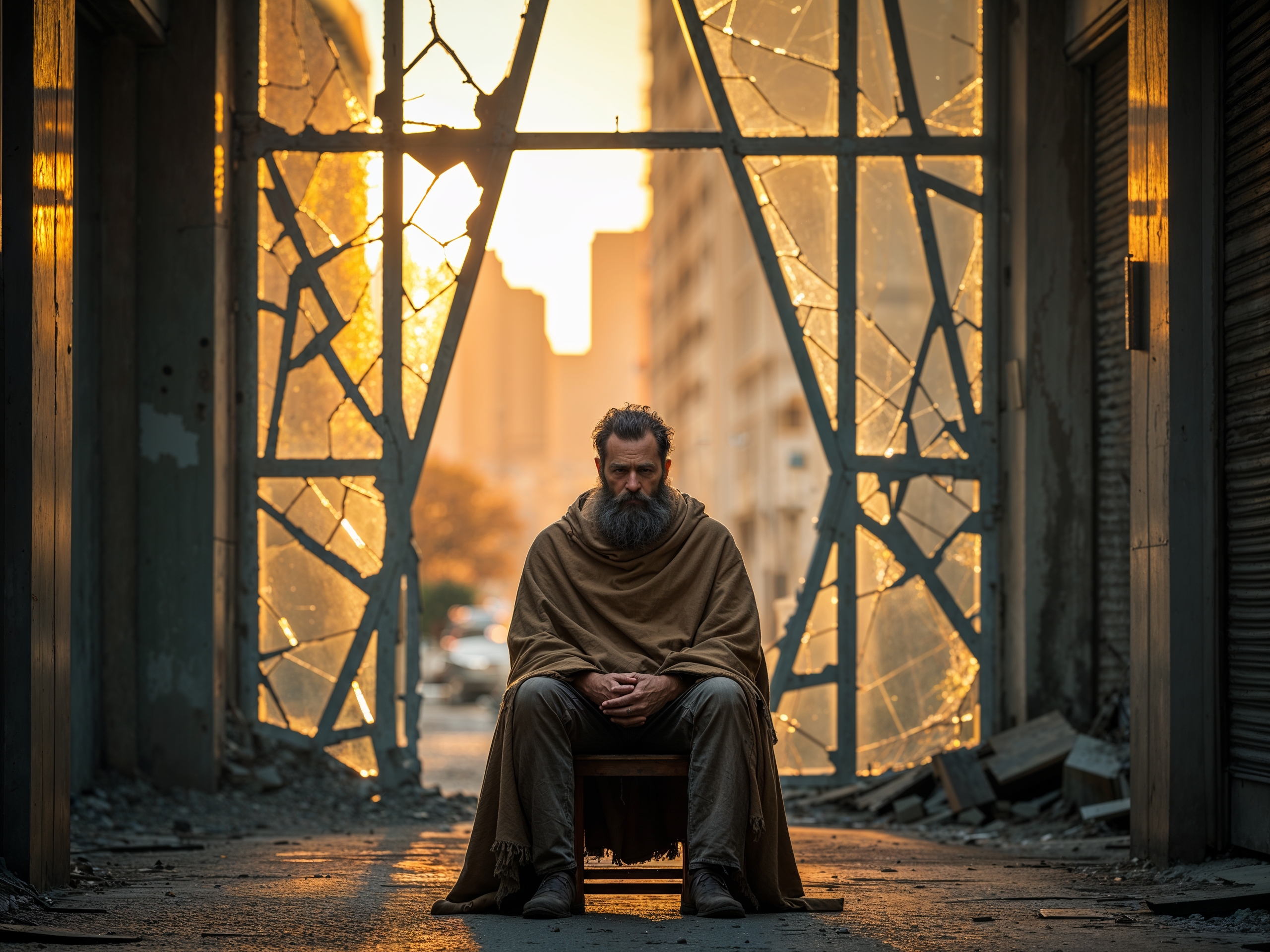Man holding a glowing open book amid ruins and broken screens.