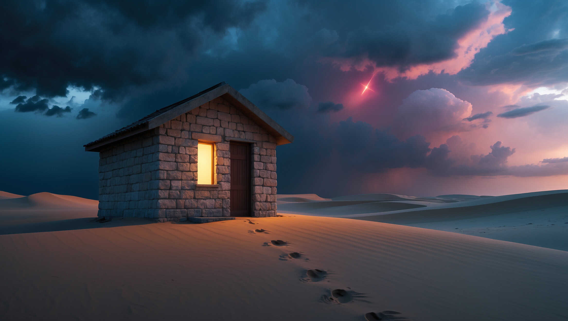 Stone house on sand dunes at dusk, symbol of building life on false philosophies and ideologies.