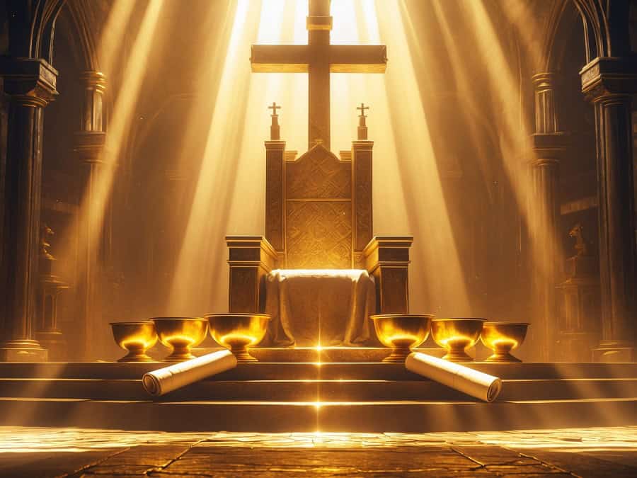 A golden throne bathed in warm radiant light beneath a luminous cross in a heavenly chamber — symbolising the eschatological horizon within which every age of the Church lives between inauguration and consummation.