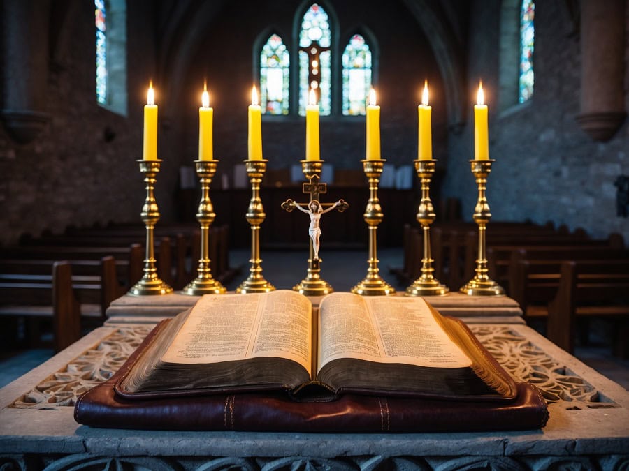Seven tall candlesticks burning before an open illuminated book in a dark Gothic church interior — directly evoking the seven lampstands of Apocalypse and the liturgy of heaven as the interpretative key to the book.