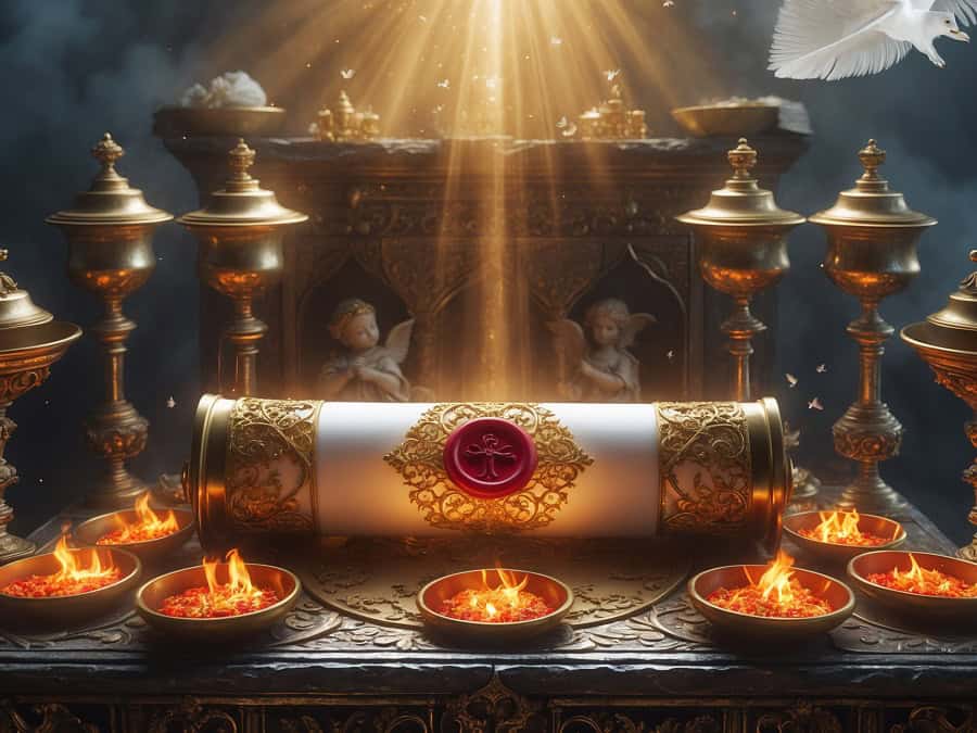 A luminous sealed scroll surrounded by golden trumpets, sacred vessels, and dramatic rays of light — evoking the Old Testament typological imagery saturating the Book of Apocalypse.