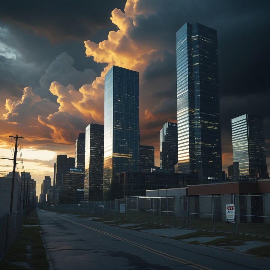 Towering glass skyscrapers beneath threatening orange storm clouds — a symbol of financial power and imminent systemic collapse.