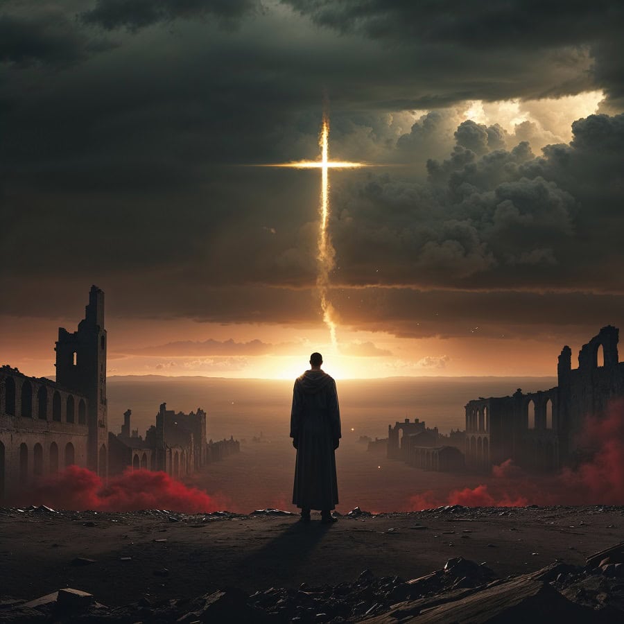 A solitary figure standing amid ruins before a luminous cross breaking through storm clouds — symbolising the prophetic call to name evil and point toward Christ.