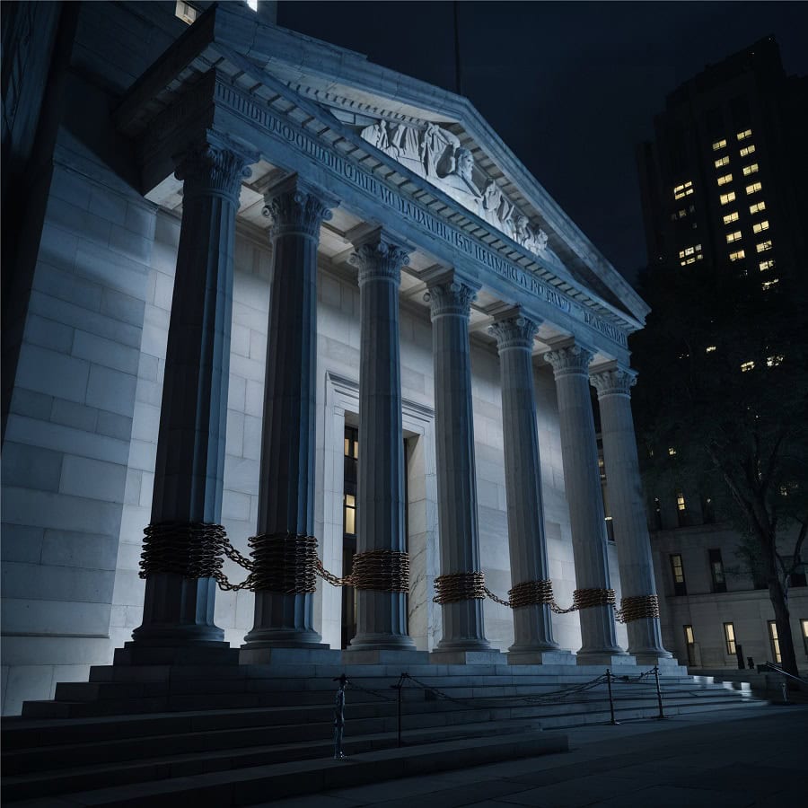 The imposing stone columns of a neoclassical institution at night — representing the false permanence of secular financial and legal systems.