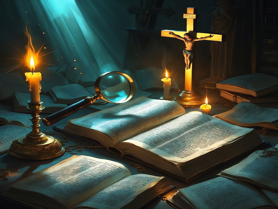 A magnifying glass resting on an open ancient manuscript beside a candle and a crucifix on a dark stone desk — symbolising Christ as the interpretative centre through whom Scripture and reality must be read.