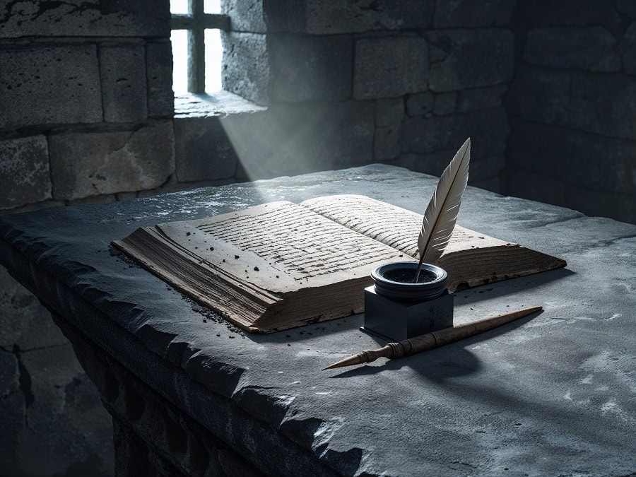 A dust-covered stone scriptorium desk with an open handwritten manuscript, quill, and dried inkwell, lit by a single shaft of light through a narrow window — symbolising the abandonment of contemplative attention in the age of algorithmic distraction.