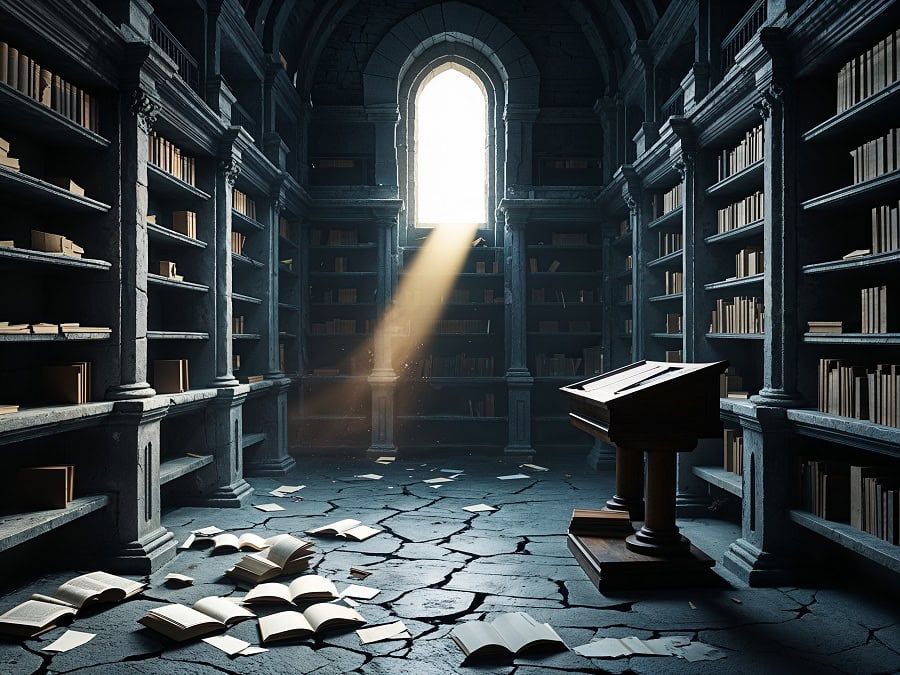 An abandoned stone library with half-empty shelves, books scattered across a cracked floor, and a lone empty lectern lit by a shaft of light through a narrow gothic window — symbolising the dissolution of ecclesial memory and interpretative tradition.