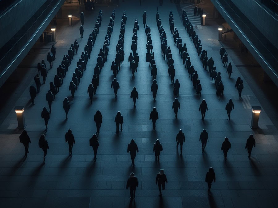 Anonymous silhouetted figures moving in parallel lines across a dark urban plaza under cold overhead lighting — symbolising desire organised by ideology and fantasy at the social scale.