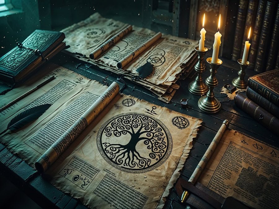 Ancient manuscripts, navigational charts, and burning candles on a dark wooden table — evoking memory as the soul's power to preserve and integrate the past.