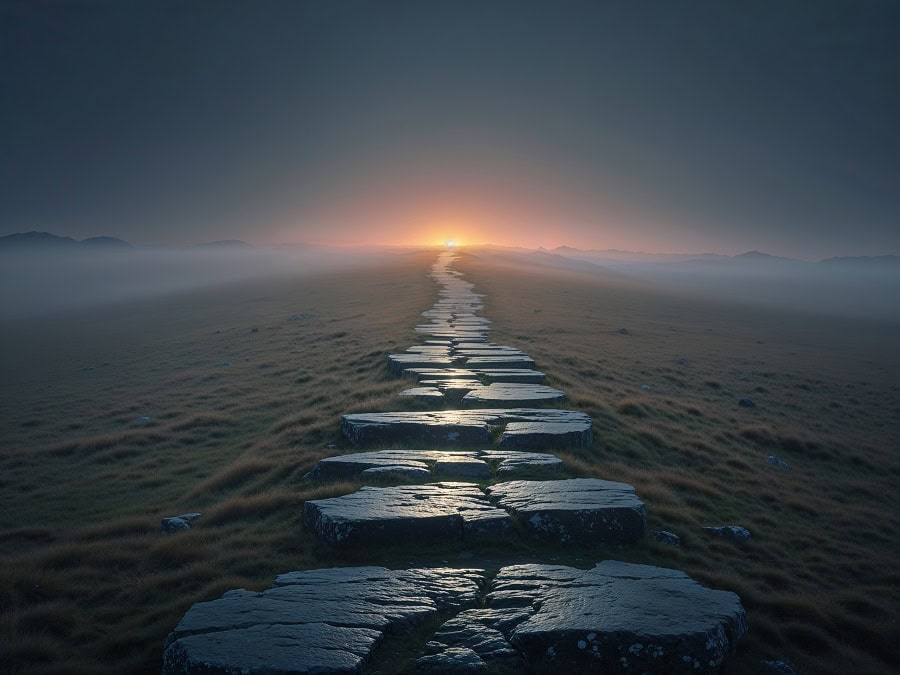 An ancient stone path stretching across a misty moorland toward a single warm light on the horizon at dusk — symbolising the will's movement toward the good as its proper end.